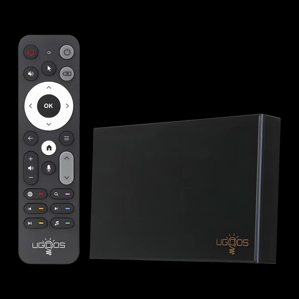 Lecteur Multimédia Ugoos SK3 8Go/128Go 8K WiFi 6 Android 12, vue avant: boîtier noir avec logo doré et télécommande complète
