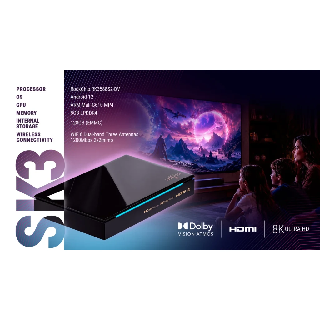 Lecteur Multimédia Ugoos SK3 8Go/128Go 8K WiFi 6 Android 12, infographie: fiche technique, logos Dolby Vision Atmos et 8K