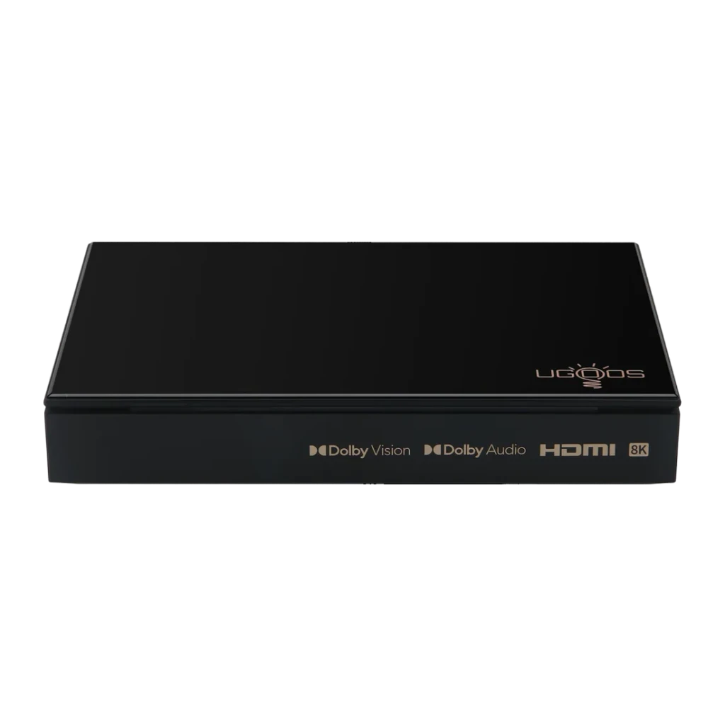Lecteur Multimédia Ugoos SK3 8Go/128Go 8K WiFi 6 Android 12, vue avant-dessus: dessus brillant noir avec logo Ugoos