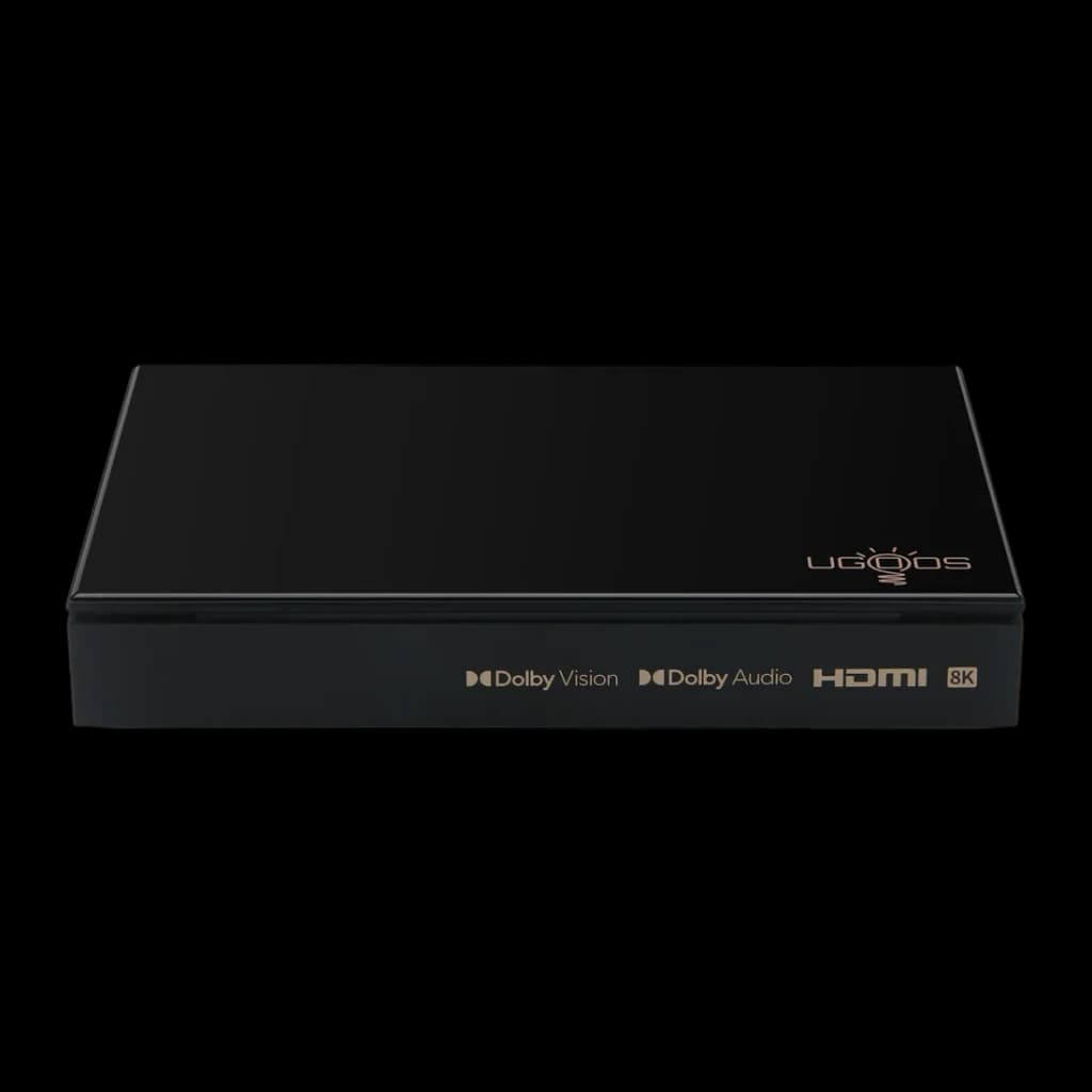 Lecteur Multimédia Ugoos SK3 8Go/128Go 8K WiFi 6 Android 12, vue avant-dessus: dessus brillant noir avec logo Ugoos