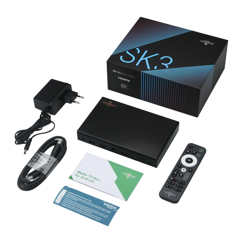 Lecteur Multimédia Ugoos SK3 8Go/128Go 8K WiFi 6 Android 12, contenu boîte: appareil, télécommande, adaptateur, câble HDMI