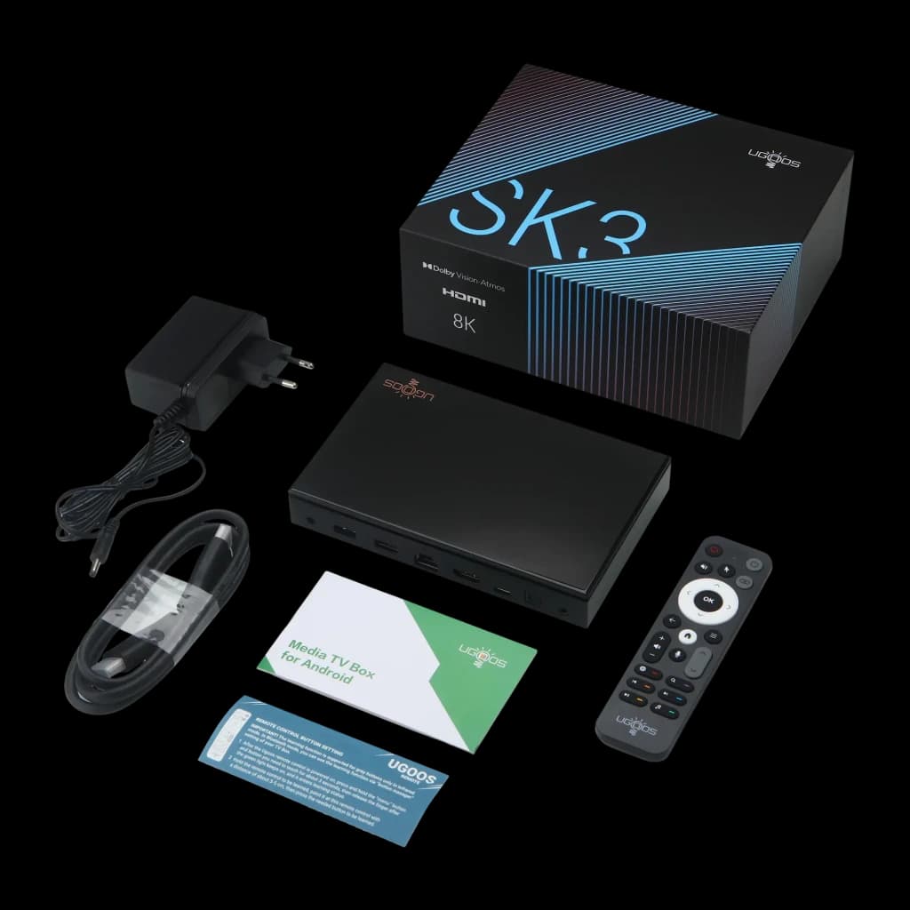 Lecteur Multimédia Ugoos SK3 8Go/128Go 8K WiFi 6 Android 12, contenu boîte: appareil, télécommande, adaptateur, câble HDMI
