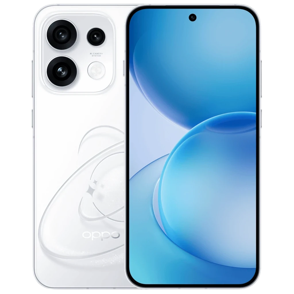 OPPO Reno16 Pro 5G blanco con triple cámara trasera grande, módulo ovalado, pantalla AMOLED casi sin bordes con orificio central y acabado perlado elegante