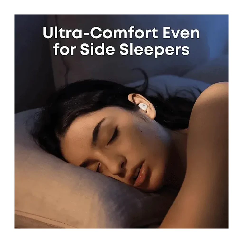 Auriculares Soundcore Sleep A30 ANC adaptativo para dormir In-Ear Bluetooth 5.4 Morado, uso: mujer durmiendo de lado