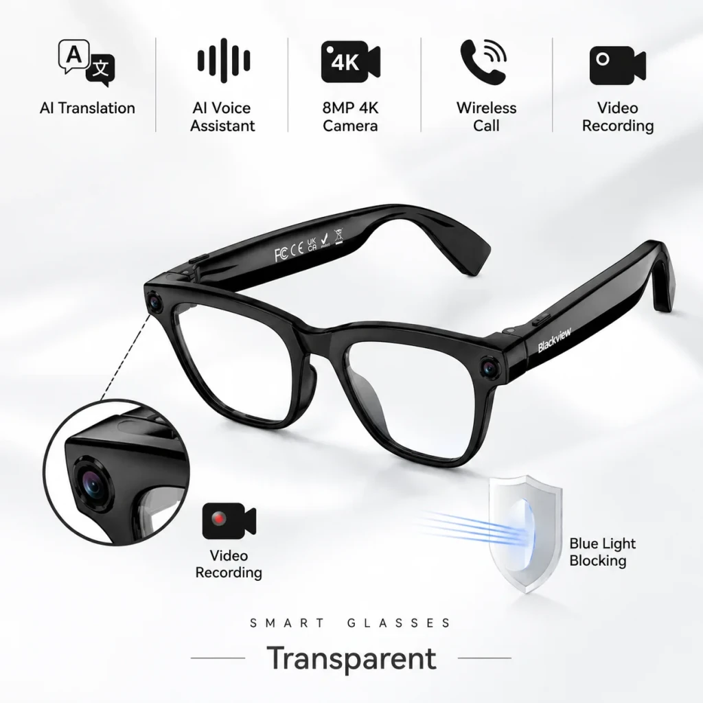 Blackview BV300 Photochromic Sony 8MP Haut-parleurs open-ear 360º, infographie: lunettes noires avec détail caméra