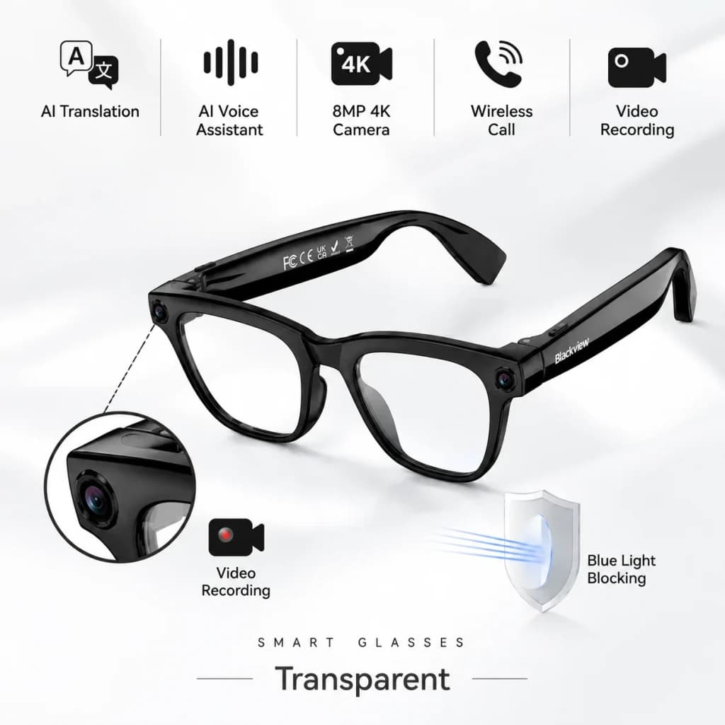 Blackview BV300 Photochromic Sony 8MP Haut-parleurs open-ear 360º, infographie: lunettes noires avec détail caméra