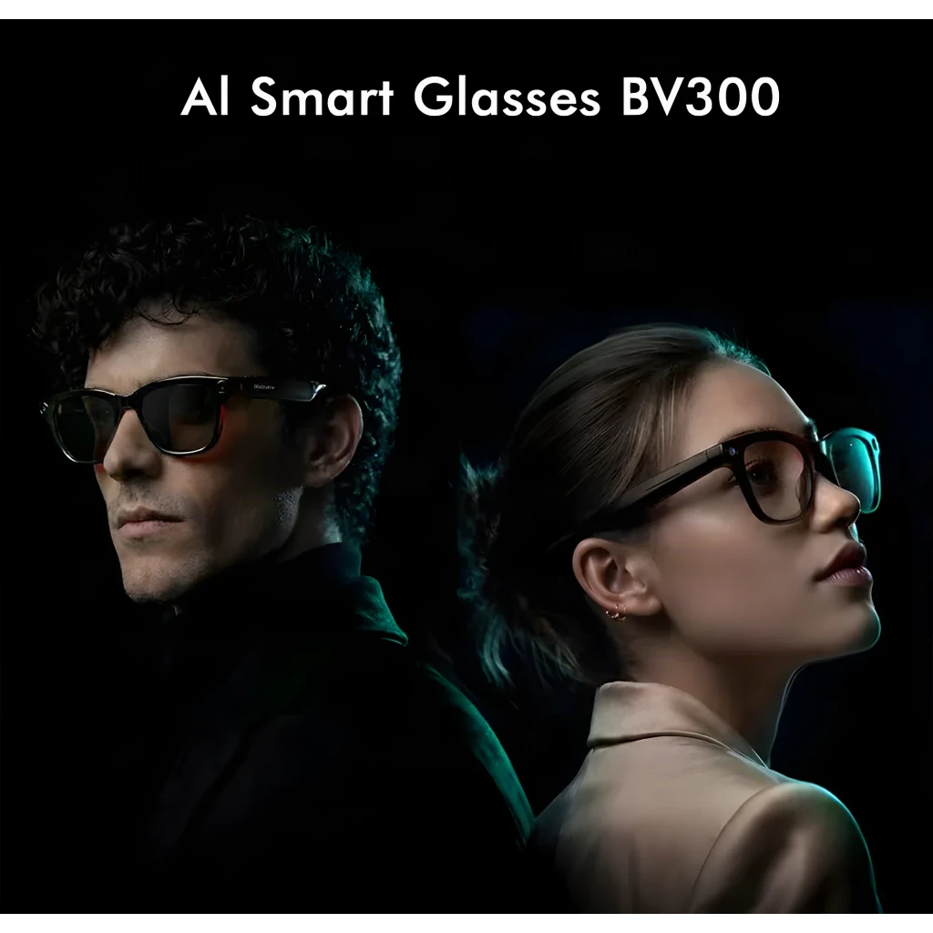 Blackview BV300 Photochromic Sony 8MP Haut-parleurs open-ear 360º, lifestyle: homme et femme de profil portant les lunettes