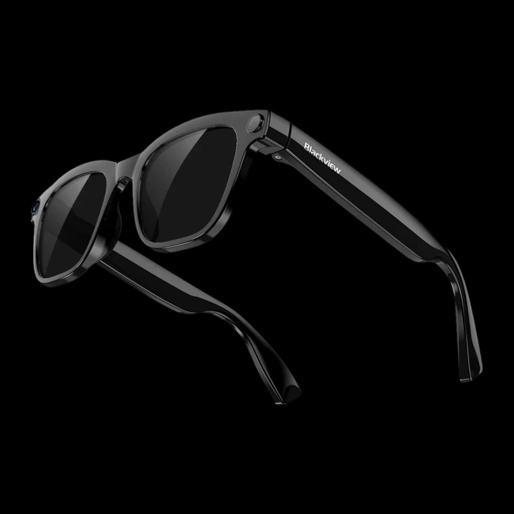 Blackview BV300 Sunglasses Sony 8MP Audio ouvert open-ear Photochromique, vue diagonale: lunettes noires avec caméra