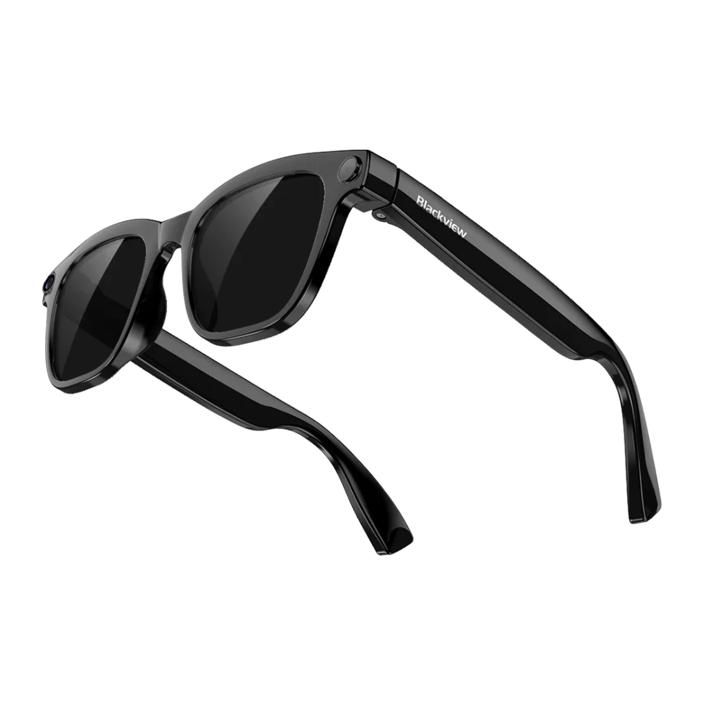 Blackview BV300 Sunglasses Sony 8MP Audio ouvert open-ear Photochromique, vue diagonale arrière: branche avec logo Blackview