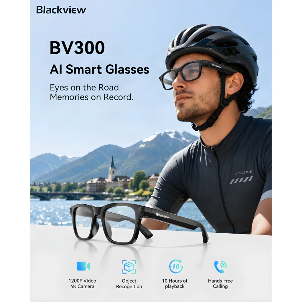 Blackview BV300 Sunglasses Sony 8MP Audio ouvert open-ear Photochromique, lifestyle: cycliste portant les lunettes