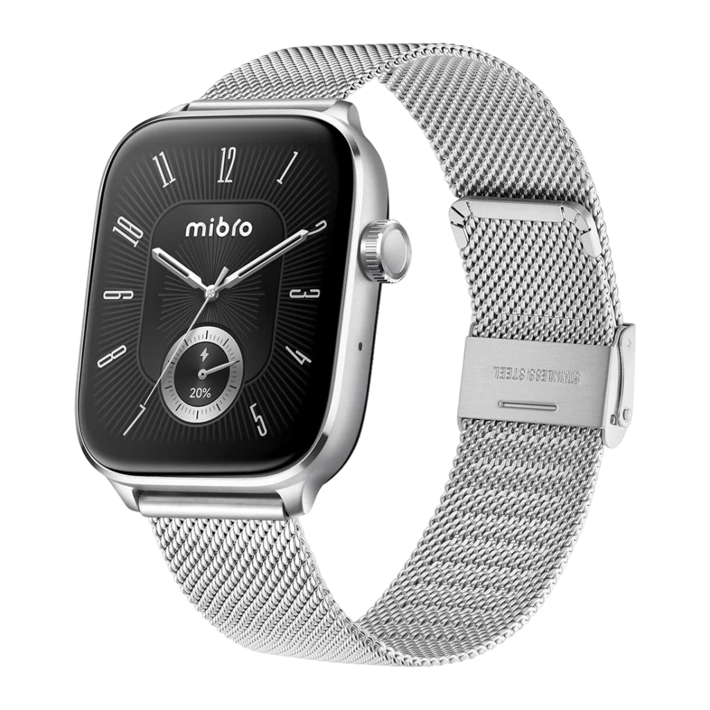 Mibro Watch Fit Plata GPS 5 sistemas Llamadas Bluetooth SpO2, 150+ Modos Deportivos, vista frontal en ángulo: esfera