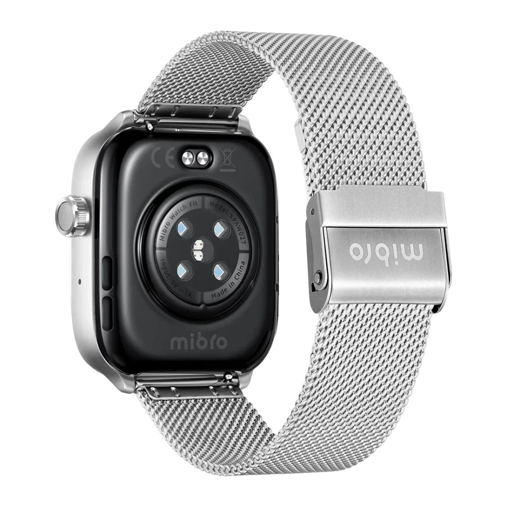 Mibro Watch Fit Plata GPS 5 sistemas Llamadas Bluetooth SpO2, 150+ Modos Deportivos, vista trasera: sensor SpO2 y correa