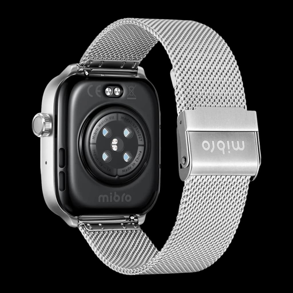 Mibro Watch Fit Plata GPS 5 sistemas Llamadas Bluetooth SpO2, 150+ Modos Deportivos, vista trasera: sensor SpO2 y correa