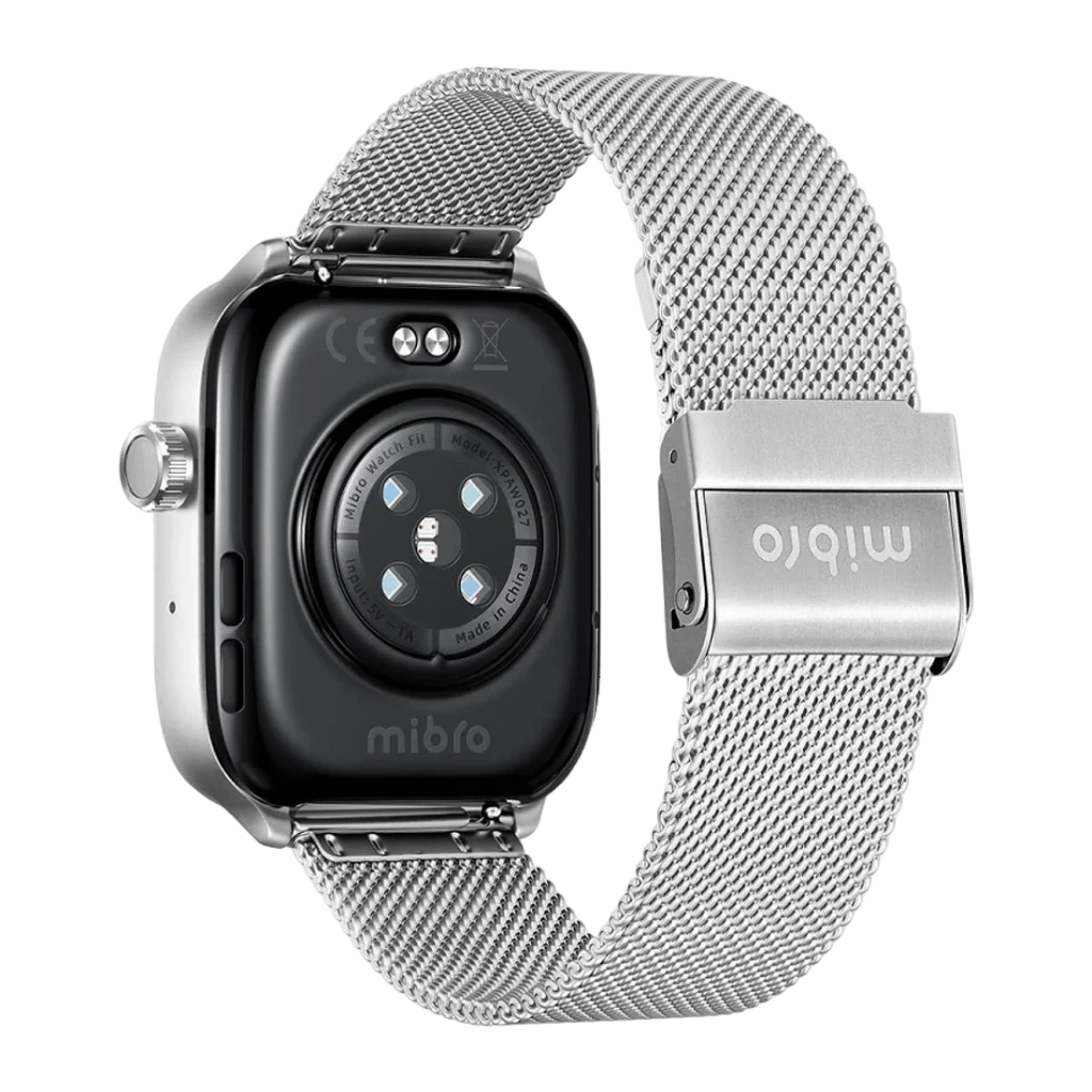 Mibro Watch Fit Plata GPS 5 sistemas Llamadas Bluetooth SpO2, 150+ Modos Deportivos, vista trasera: sensor SpO2 circular
