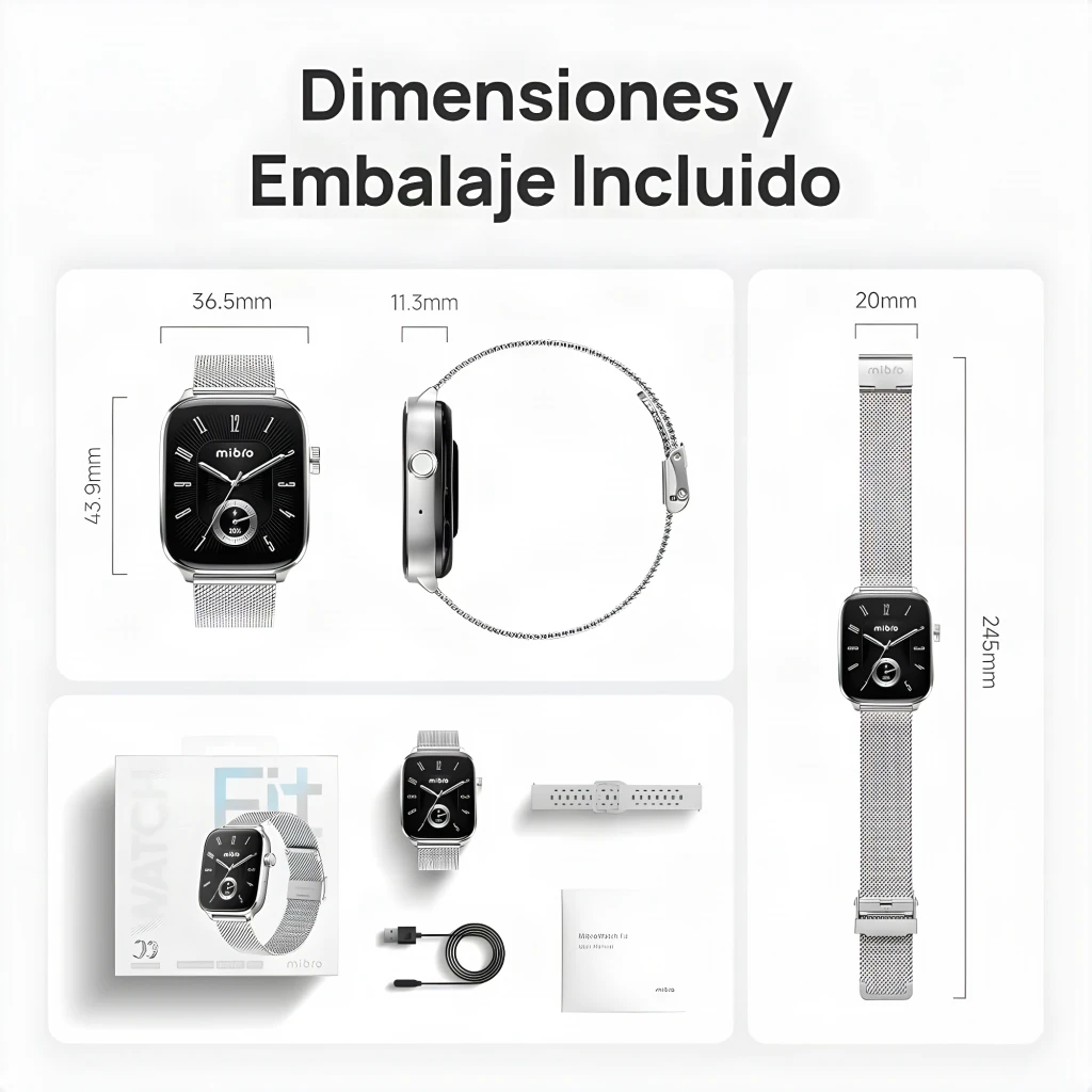 Mibro Watch Fit Plata GPS 5 sistemas Llamadas Bluetooth SpO2, 150+ Modos Deportivos, dimensiones y contenido de caja