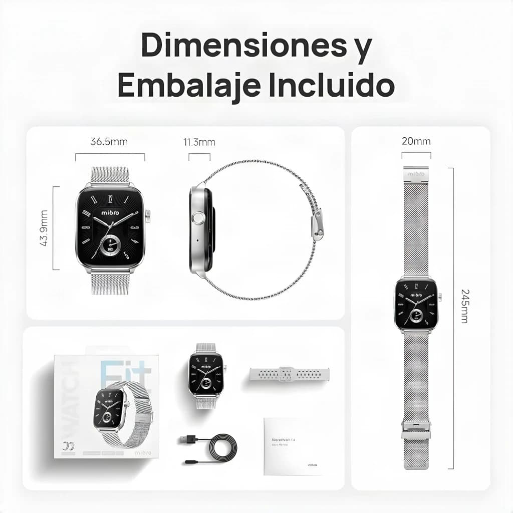 Mibro Watch Fit Plata GPS 5 sistemas Llamadas Bluetooth SpO2, 150+ Modos Deportivos, dimensiones y contenido de caja