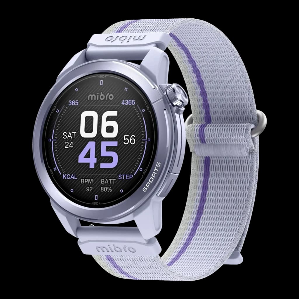 Mibro GS Active 2 GPS Multisystème NFC Appels Bluetooth, vue avant en angle: cadran sport avec BPM, bracelet nylon lilas