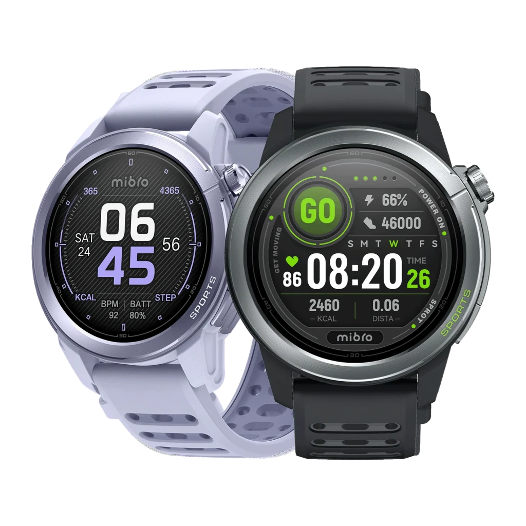 Mibro GS Active 2 GPS Multisystème NFC Appels Bluetooth, face: deux coloris lilas et noir avec cadrans sportifs actifs