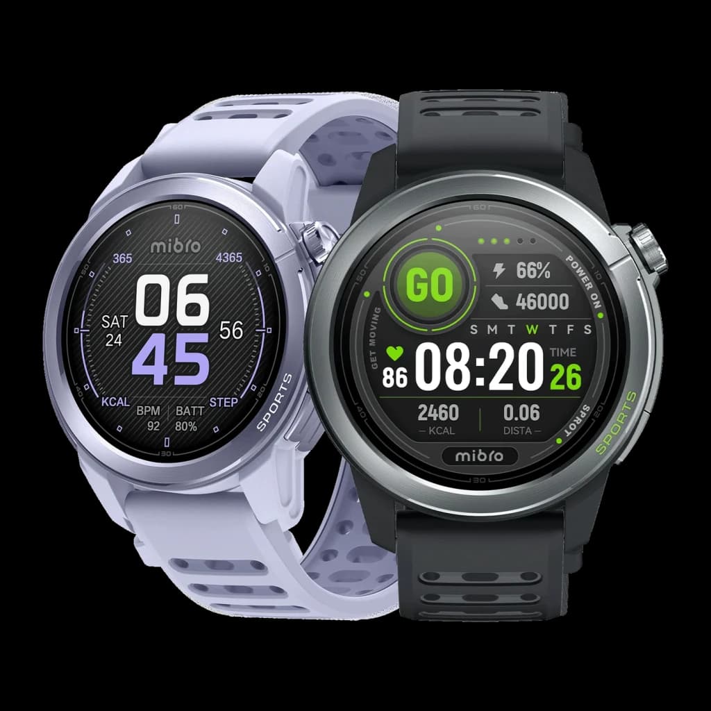 Mibro GS Active 2 GPS Multisystème NFC Appels Bluetooth, face: deux coloris lilas et noir avec cadrans sportifs actifs