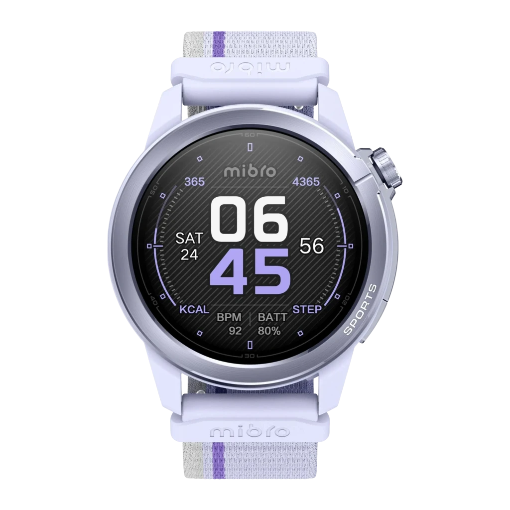 Mibro GS Active 2 GPS Multisystème NFC Appels Bluetooth lilas, vue avant: cadran sport avec heure, BPM, batterie et bracelet