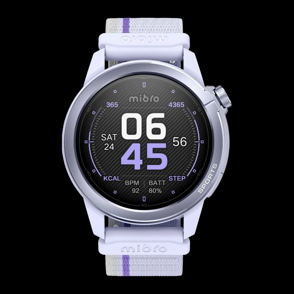 Mibro GS Active 2 GPS Multisystème NFC Appels Bluetooth lilas, vue avant: cadran sport avec heure, BPM, batterie et bracelet