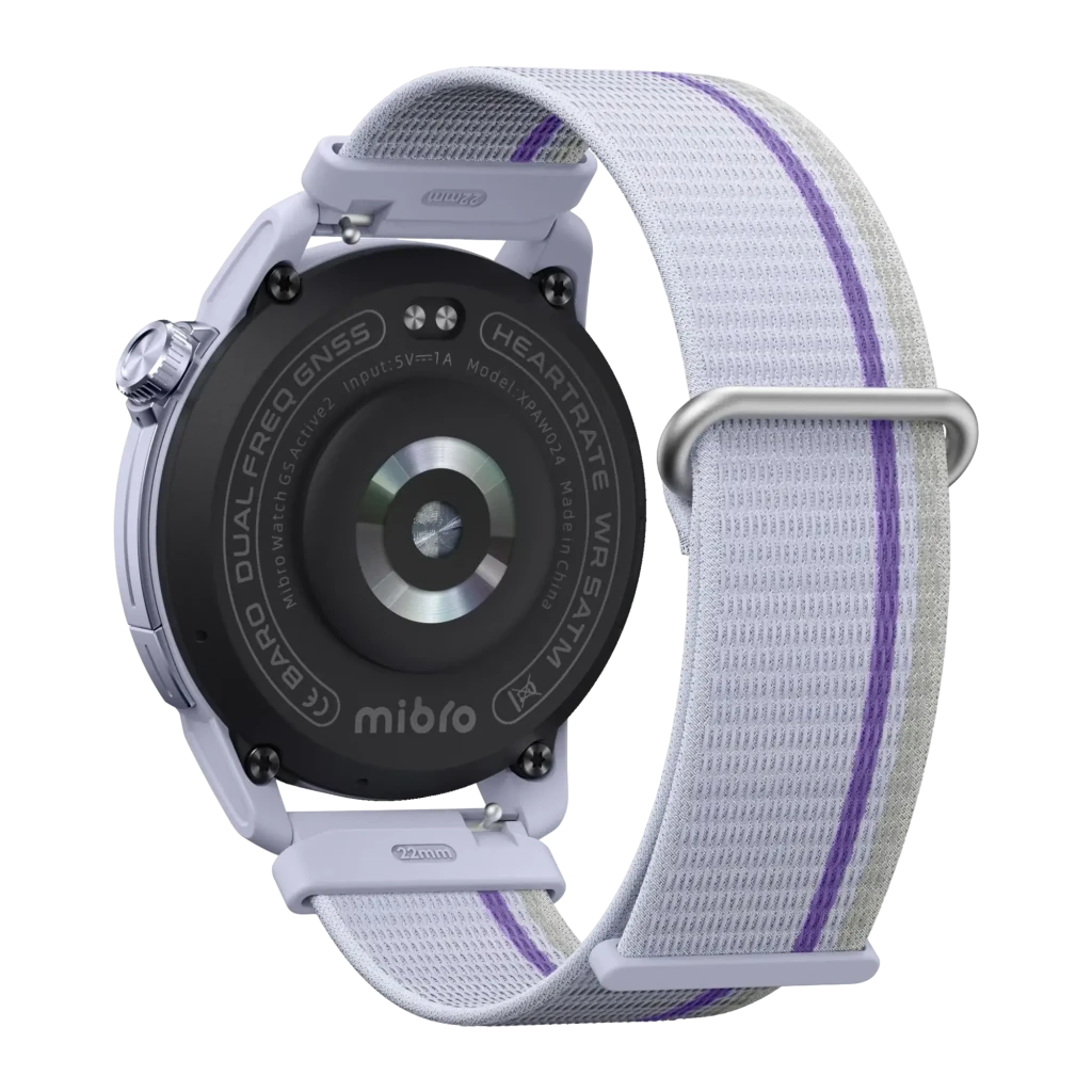 Mibro GS Active 2 GPS Multisystème NFC Appels Bluetooth, vue arrière: capteur de fréquence cardiaque, inscriptions GNSS