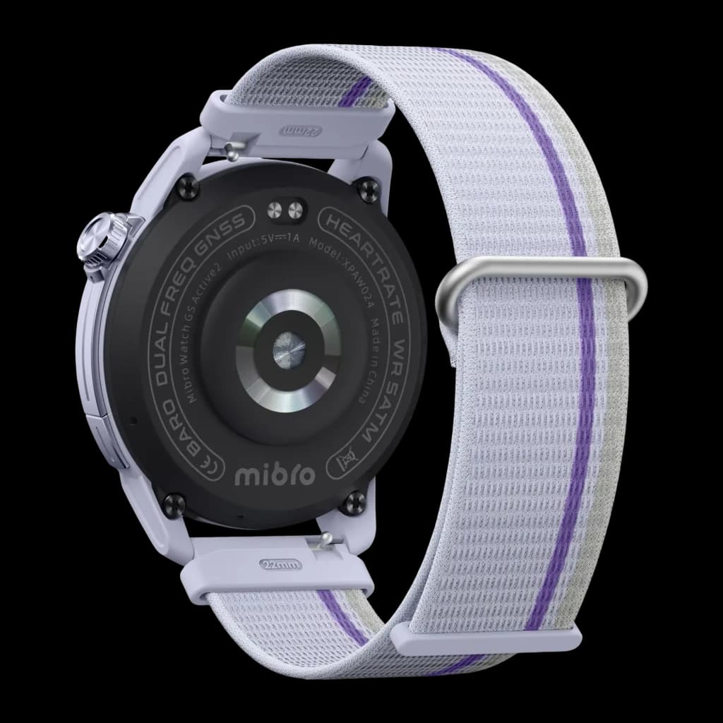 Mibro GS Active 2 GPS Multisystème NFC Appels Bluetooth, vue arrière: capteur de fréquence cardiaque, inscriptions GNSS