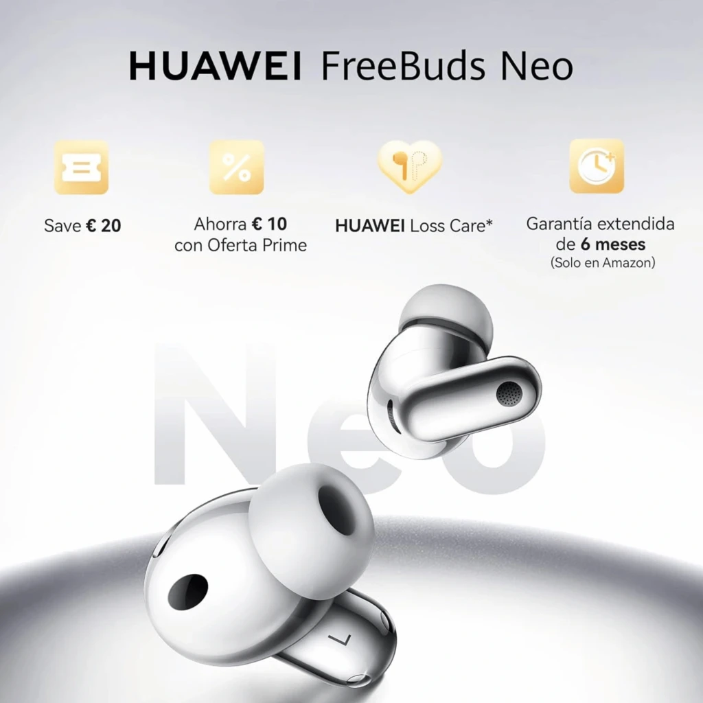 Auriculares Huawei FreeBuds Neo Rosa TWS con estuche compacto, diseño in-ear ergonómico, almohadillas de silicona y micrófono; destaca cancelación de ruido