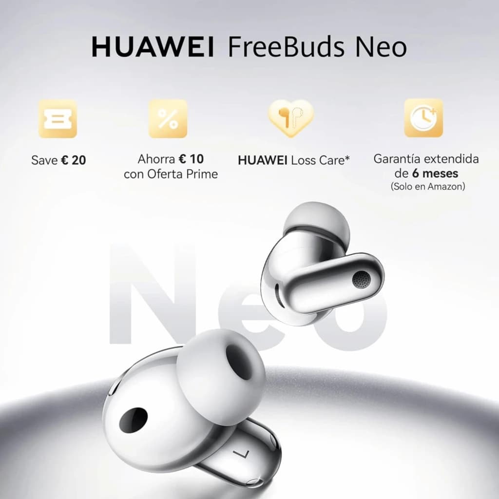Auriculares Huawei FreeBuds Neo Rosa TWS con estuche compacto, diseño in-ear ergonómico, almohadillas de silicona y micrófono; destaca cancelación de ruido
