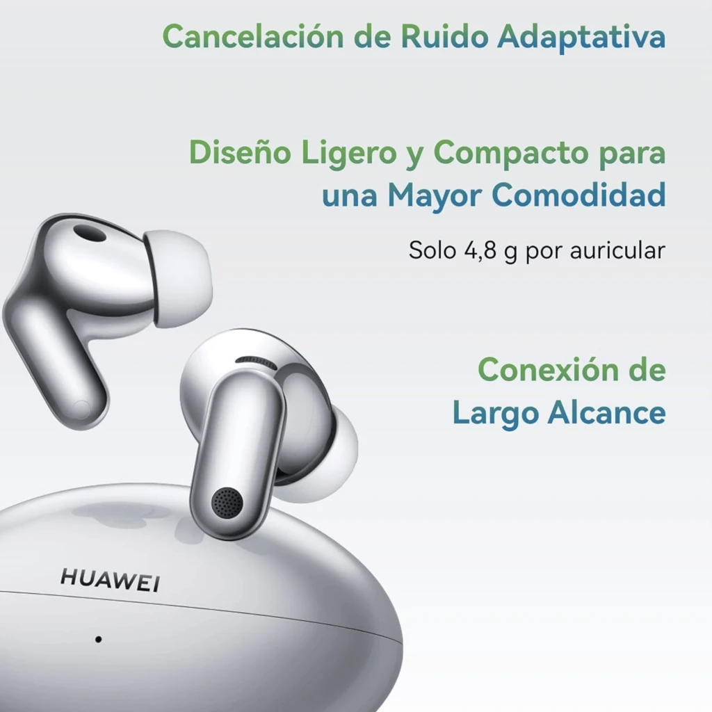 Auriculares Huawei FreeBuds Neo rosa TWS con estuche ovalado blanco, diseño compacto en gris metálico, puntas de silicona y micrófonos para cancelación de