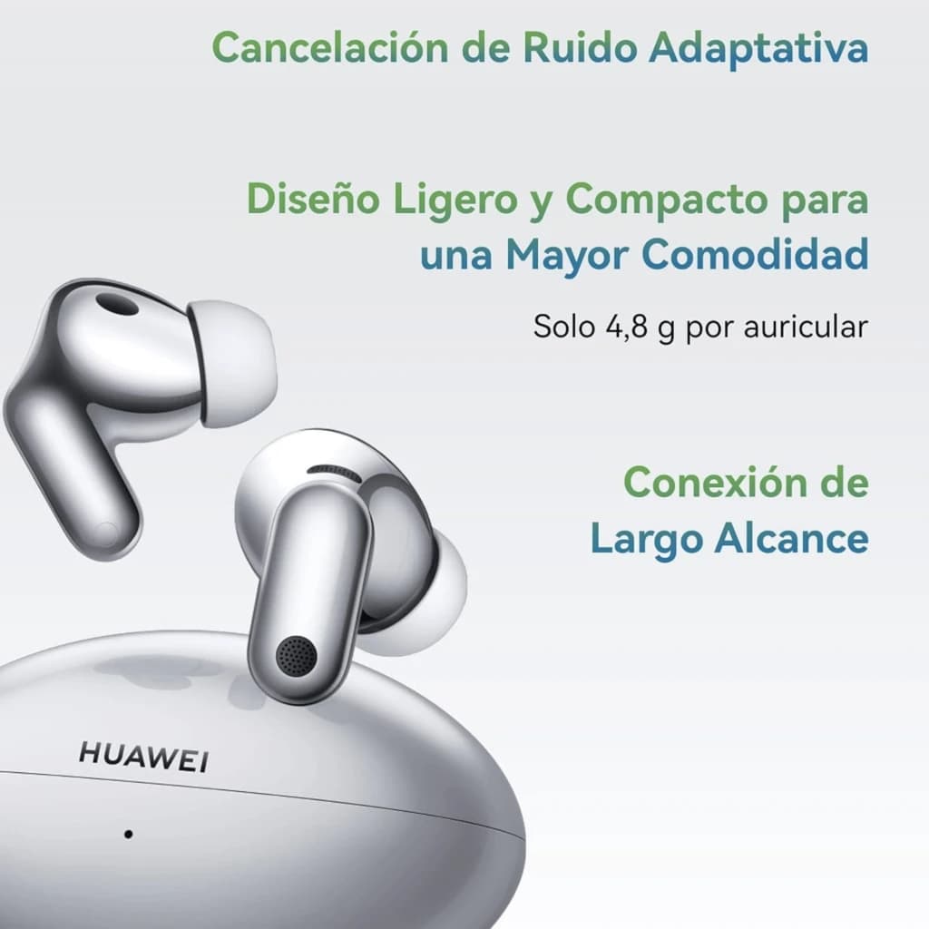 Auriculares Huawei FreeBuds Neo rosa TWS con estuche ovalado blanco, diseño compacto en gris metálico, puntas de silicona y micrófonos para cancelación de