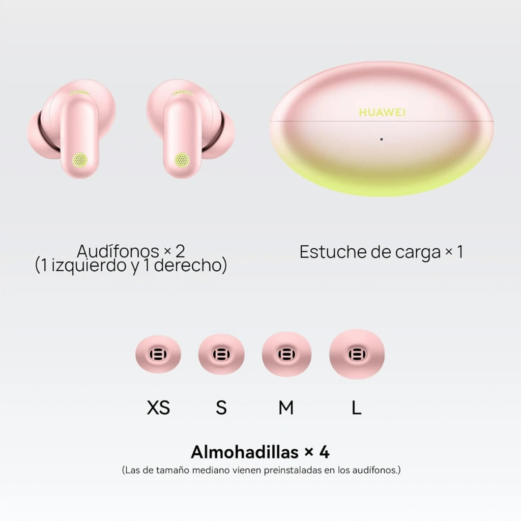 Auriculares Huawei FreeBuds Neo Rosa TWS con estuche ovalado rosa-verde, diseño in-ear, micrófonos visibles y 4 pares de almohadillas XS a L