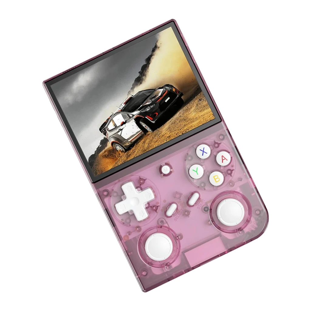 Consola portátil Anbernic RG 35 32GB Rosa Linux 64-bit, vista frontal en ángulo: carcasa transparente rosa con juego