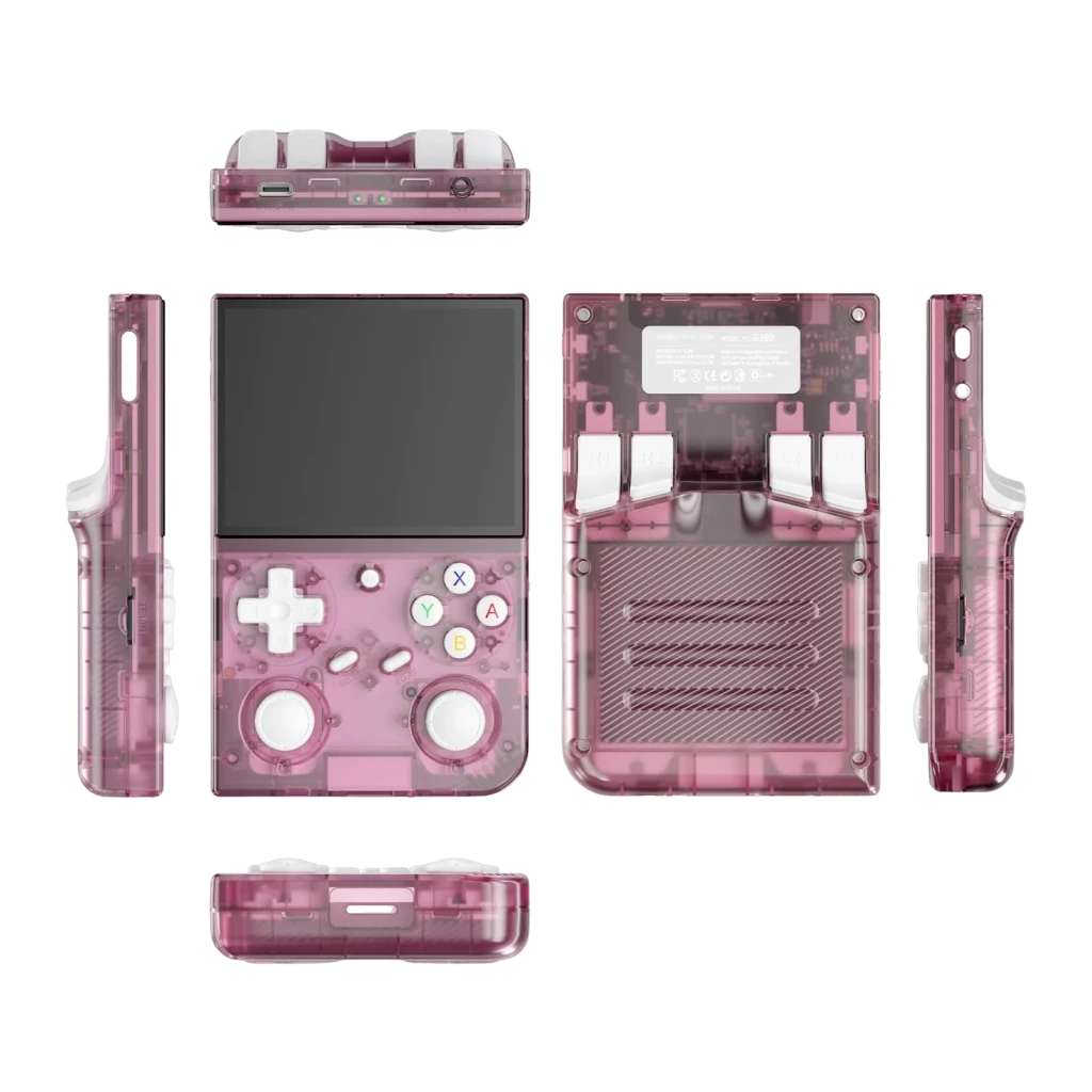 Consola portátil Anbernic RG 35 32GB Rosa Linux 64-bit, vistas múltiples: frontal, trasera y laterales con carcasa
