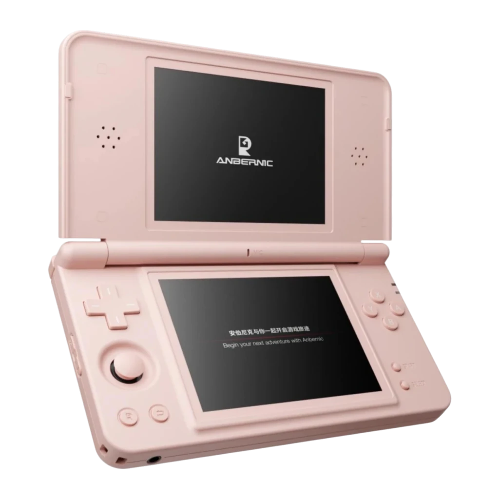 Consola portátil Anbernic RG DS Plus 1GB/16GB Rosa Dual IPS 4,3 pulgadas, vista frontal en perspectiva: clamshell abierto