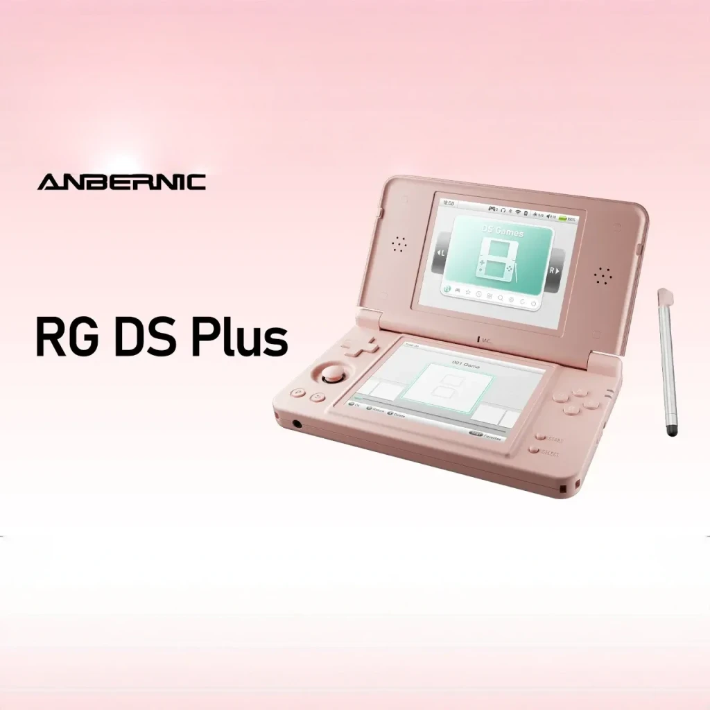 Consola portátil Anbernic RG DS Plus 1GB/16GB Rosa Dual IPS 4,3 pulgadas, vista frontal abierta: doble pantalla encendida