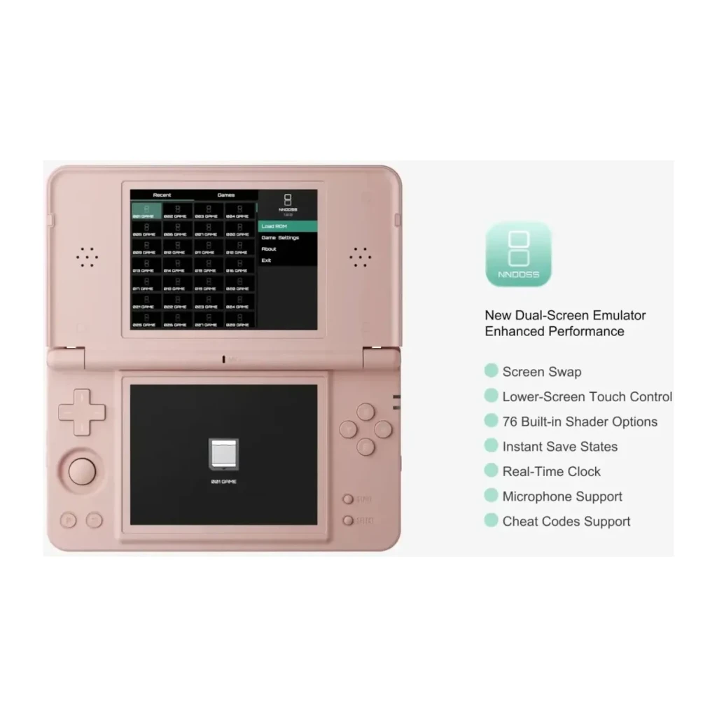 Consola portátil Anbernic RG DS Plus 1GB/16GB Rosa Dual IPS 4,3 pulgadas, vista frontal abierta: pantallas dual encendidas