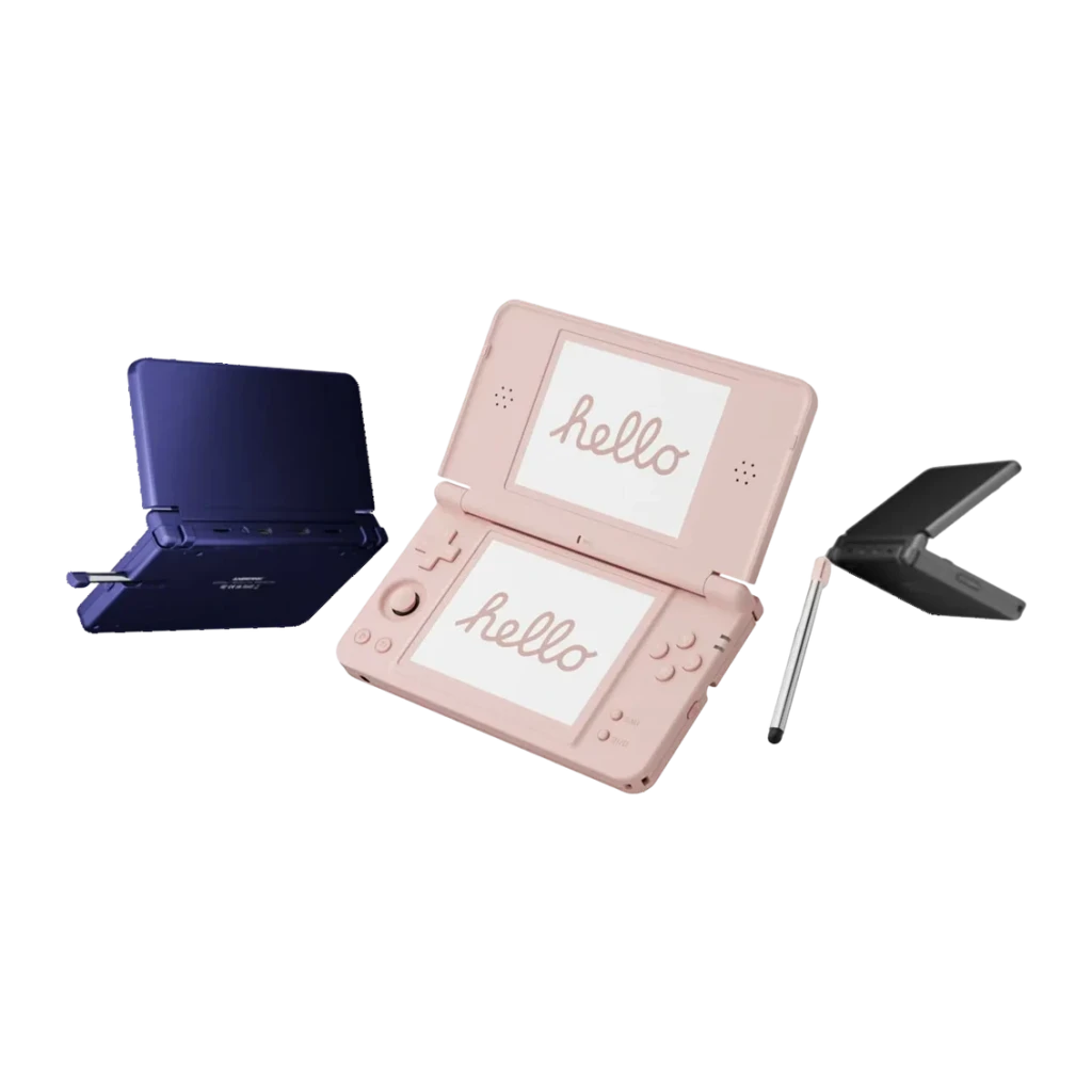 Consola portátil Anbernic RG DS Plus 1GB/16GB Rosa Dual IPS 4,3 pulgadas, vista conjunto: rosa abierta con lápiz, azul