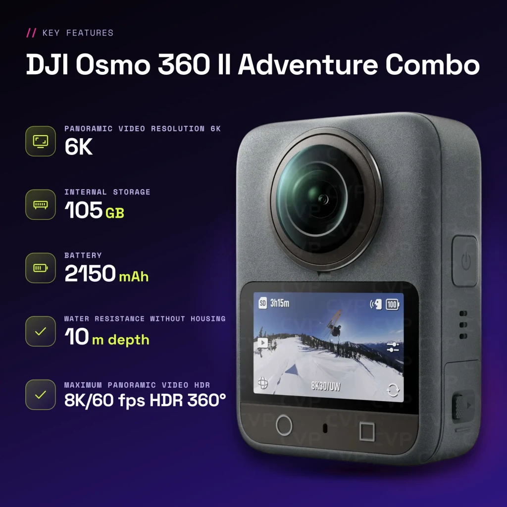 Caméra 360° DJI Osmo 360 II Adventure Combo Noir Étanche 10 m RockSteady 3.0 120MP - caractéristiques