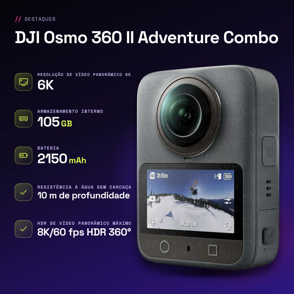 Caméra 360° DJI Osmo 360 II Adventure Combo Noir Étanche 10 m RockSteady 3.0 120MP - caractéristiques