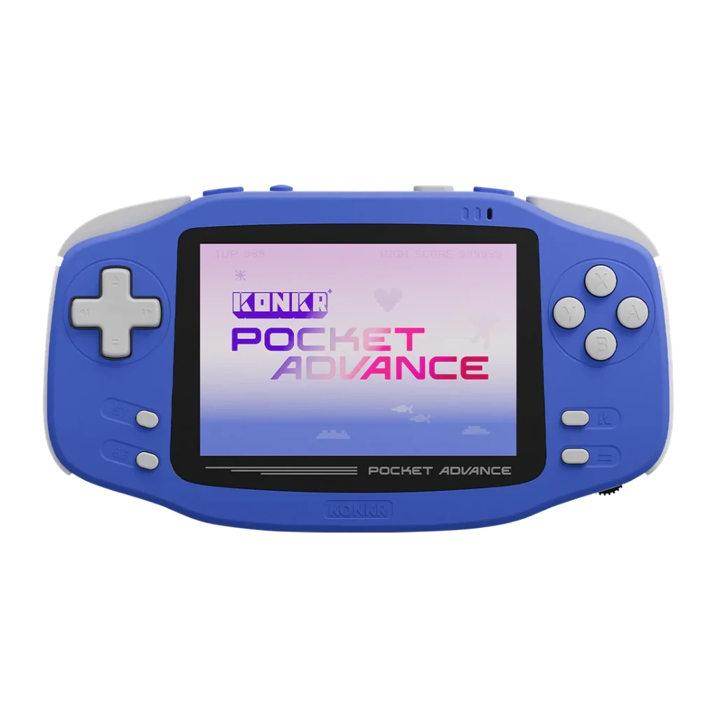 Console portable Ayaneo Konkr Pocket Advance 3 Go/32Go Bleu, vue avant: écran allumé avec logo, D-pad et boutons gris