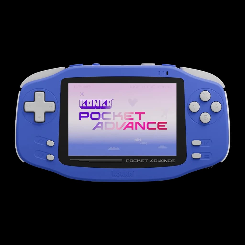 Console portable Ayaneo Konkr Pocket Advance 3 Go/32Go Bleu, vue avant: écran allumé avec logo, D-pad et boutons gris