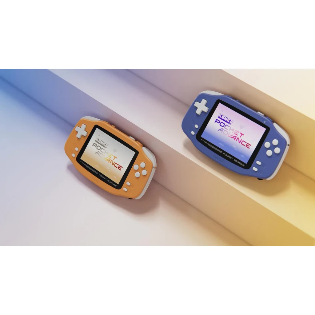Console portable Ayaneo Konkr Pocket Advance 3 Go/32Go Bleu, vue avant: modèle bleu aux côtés de la variante orange, écran