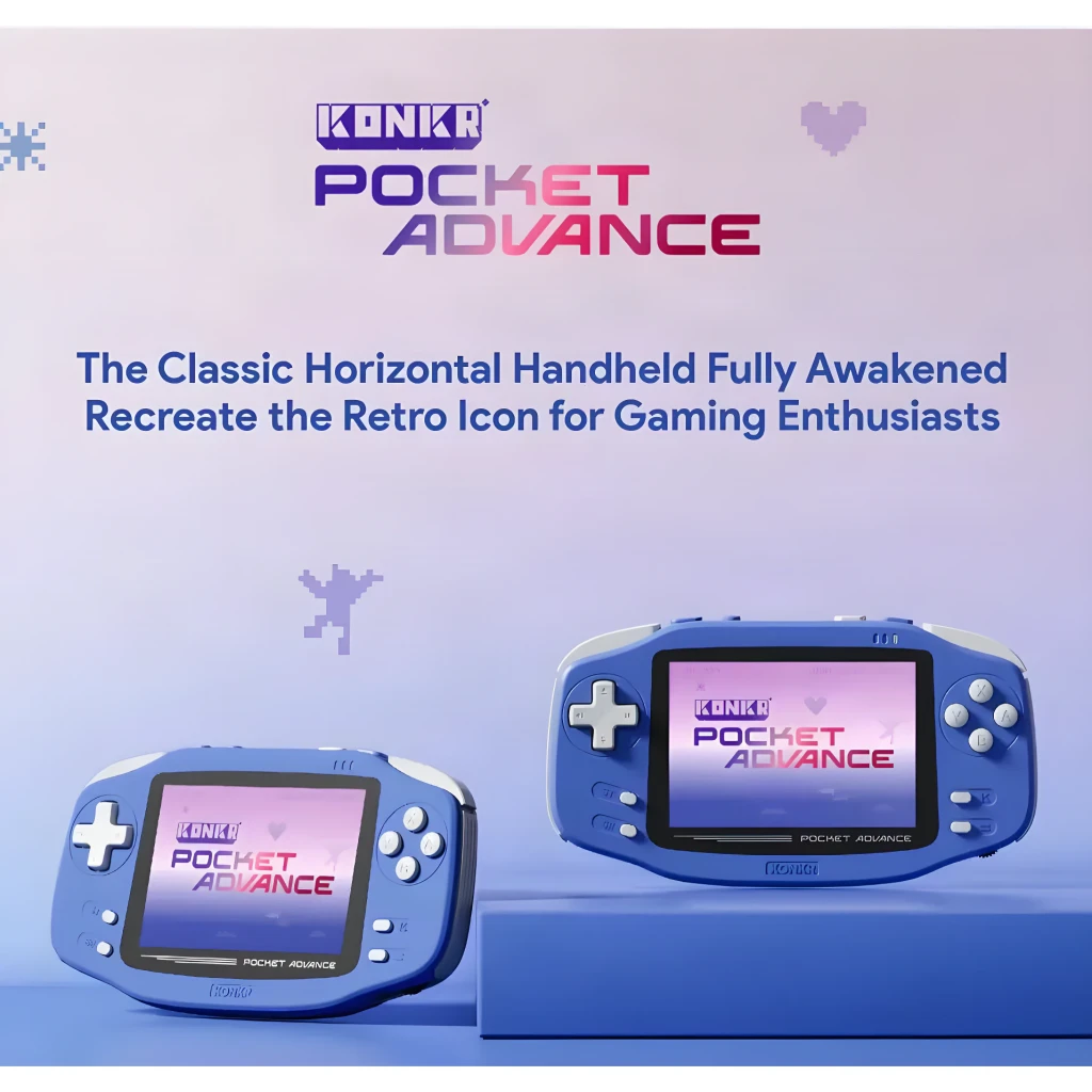 Console portable Ayaneo Konkr Pocket Advance 3 Go/32Go Bleu, vue avant: deux unités sous angles différents avec écran, croix