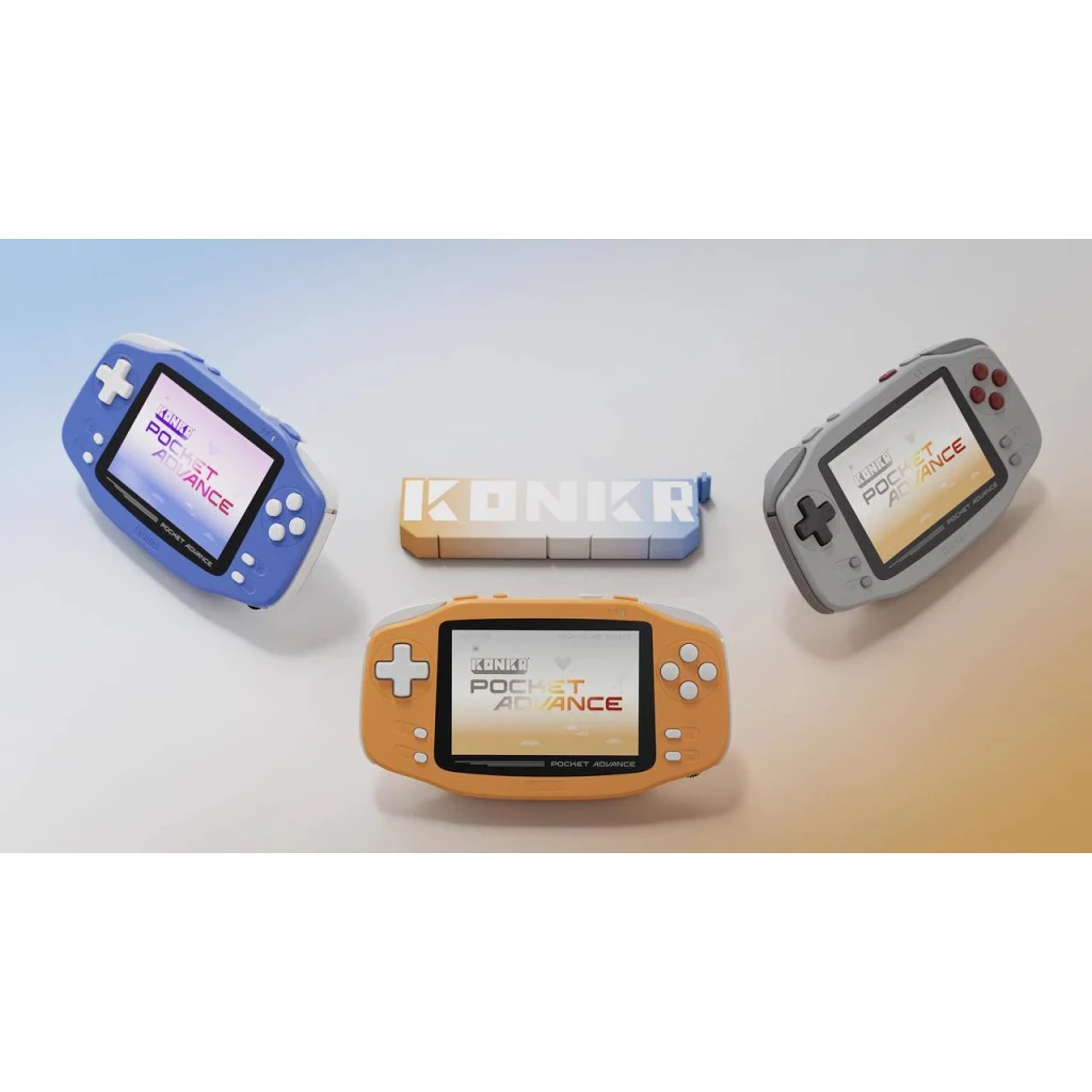 Consola portátil AYANEO KONKR Pocket Advance 3GB/32GB Cinzento Android 12, vista comparativa: três cores azul laranja