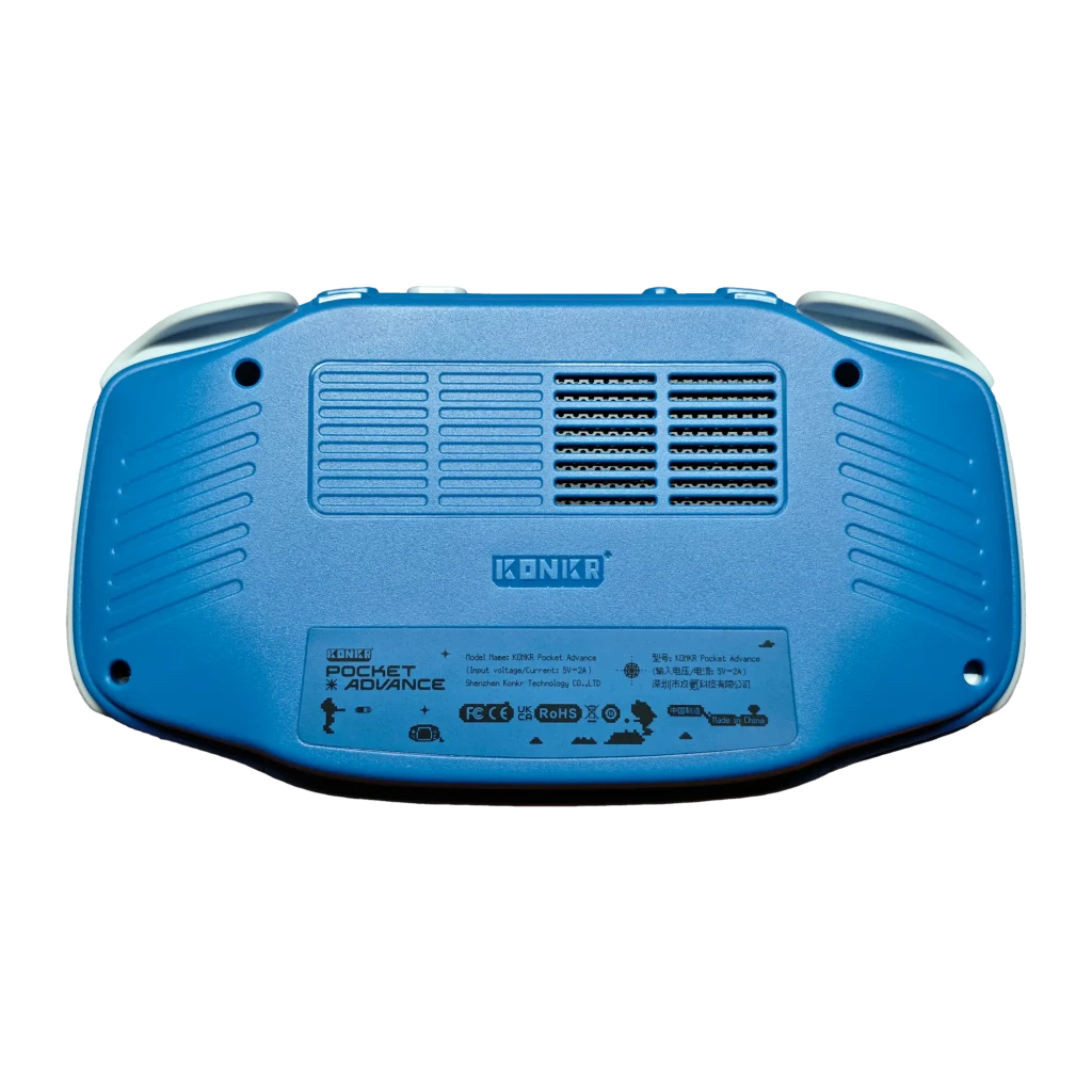 Console portable Ayaneo KONKR Pocket Advance 4Go/64Go Bleu, vue arrière: grilles de ventilation et étiquette réglementaire