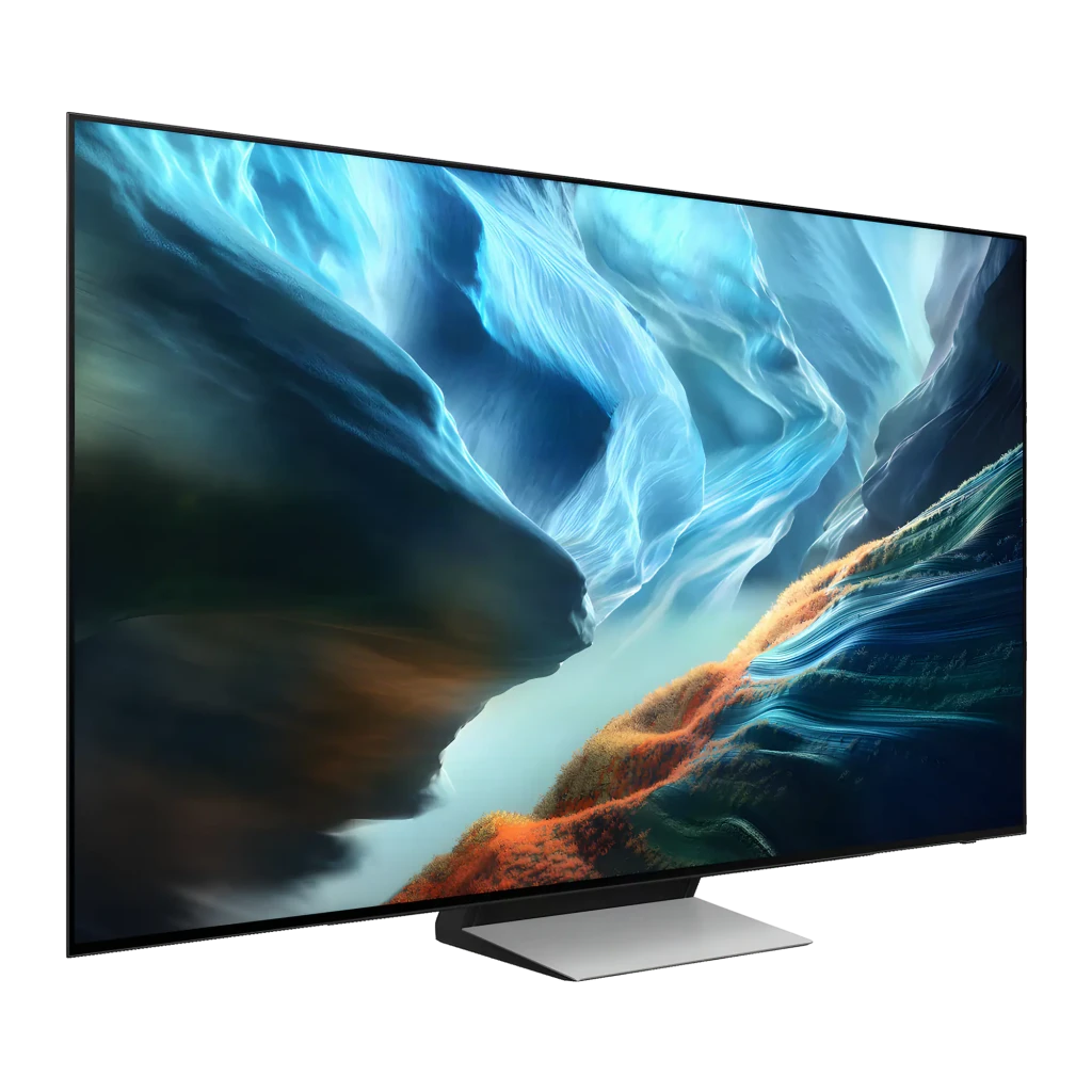 Samsung Televisor OLED S90H 55 polegadas Preto, vista lateral: ecrã ligado com paisagem vibrante azul e laranja, moldura