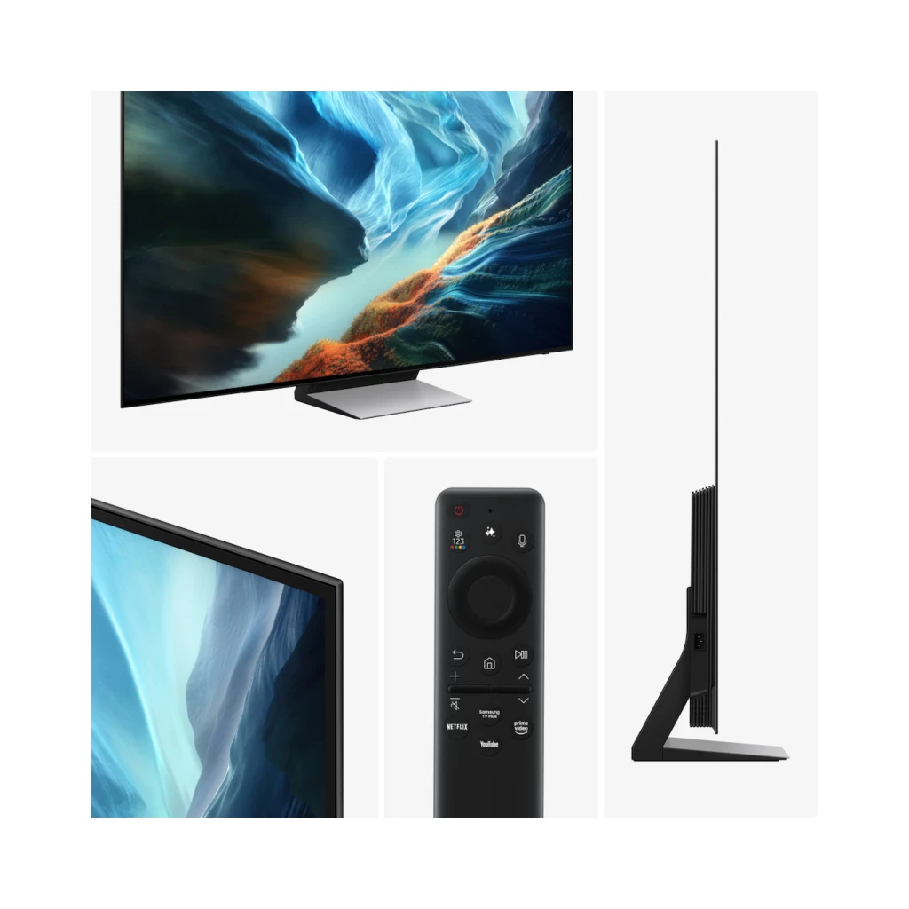 Samsung Televisor OLED S90H 55 polegadas 4K Preto, colagem: tela frontal, detalhe da moldura, controlo remoto preto e vista