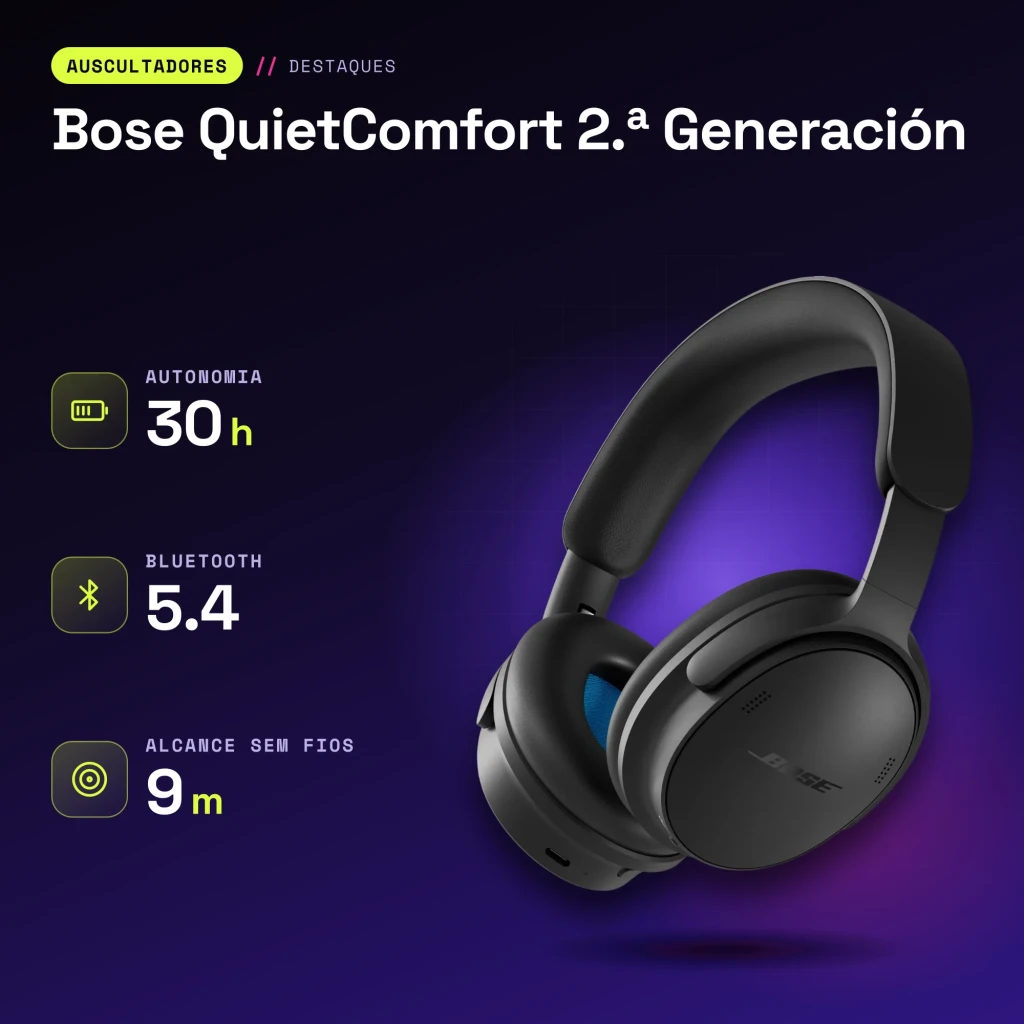 Auscultadores Bose QuietComfort 2.ª Geração Cancelamento de Ruído Banda Preto - características