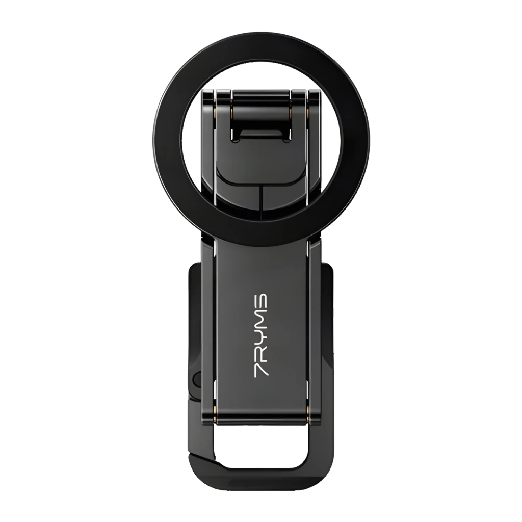 Trípode para smartphone 7RYMS 7RIG T1 Negro Plegable, vista frontal: diseño compacto plegado con aro circular y logo 7RYMS